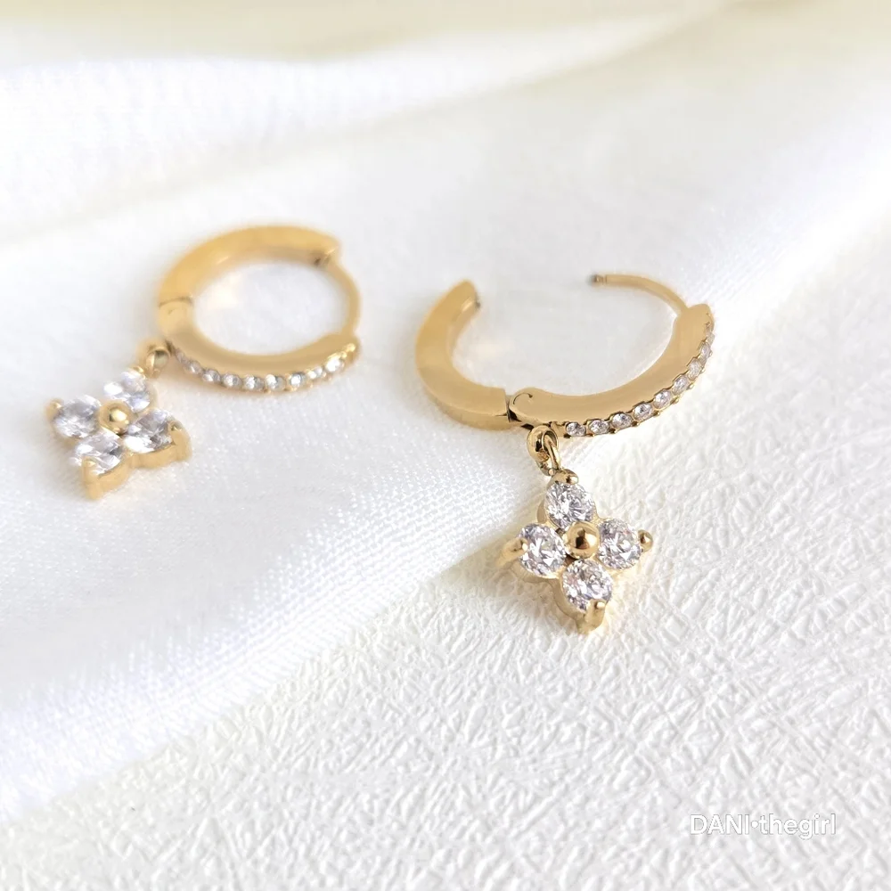 Gold CZ Diamond Clover Hoop Earrings - Picture 7 of 10